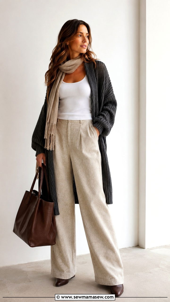Wide Leg Trousers with an Oversized Cardigan and Tank Top - 25 Wide leg trousers outfit ideas with a tank top