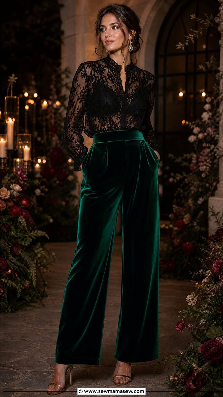 Wide Leg Velvet Pants With Lace Blouse Outfit - 30 classy wide leg pants outfits