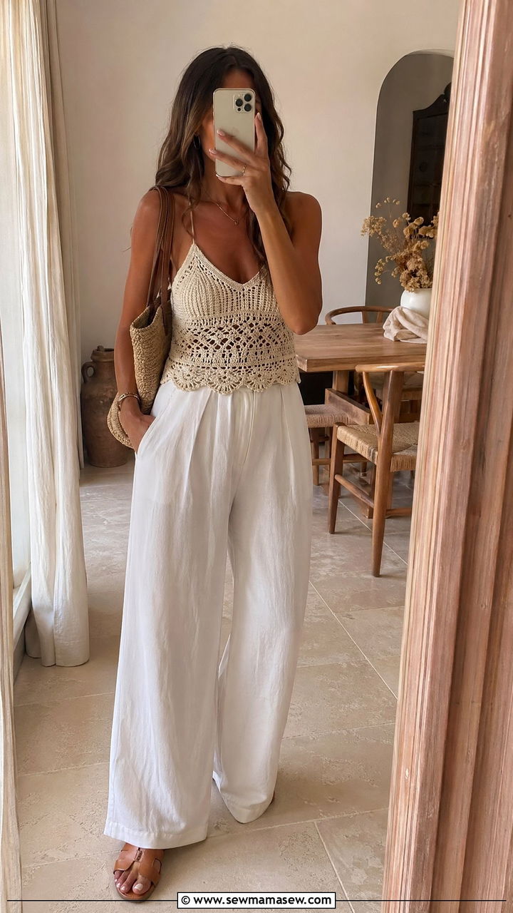 Wide Leg White Trousers And Crochet Top - 35 European summer outfits
