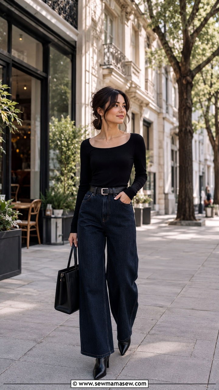 Wide Neck Fitted Top With Dark Wide Leg Jeans - 30 classy outfits for petite women