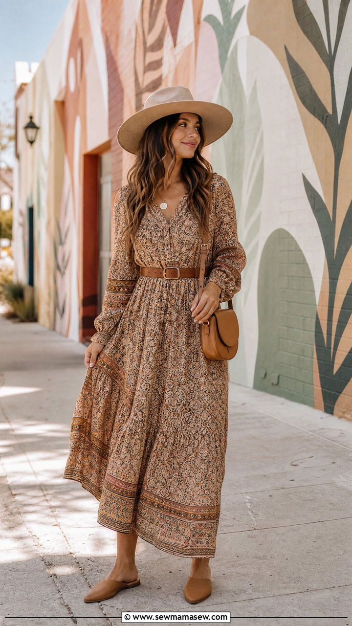 Wide brim hat outfit with a boho dress - 30 Boho outfit ideas petite