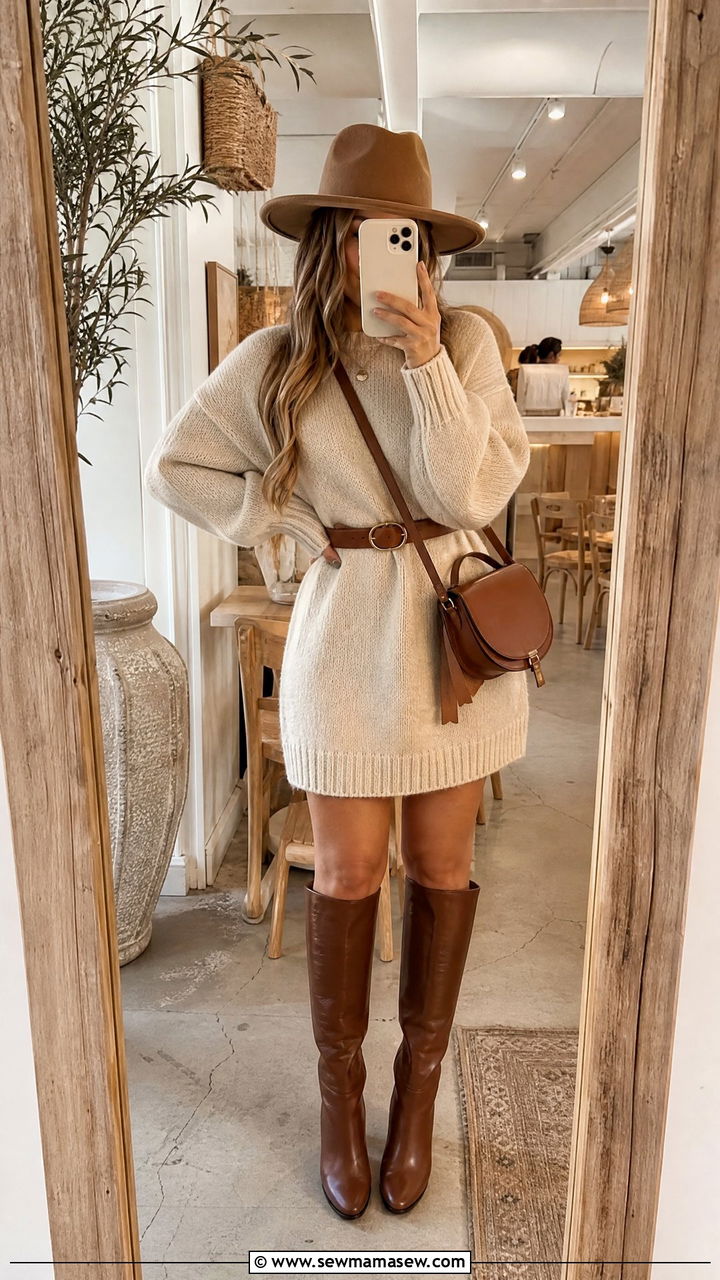 Wide brim hat outfit with a sweater dress and knee high boots - 25 How to style a wide brim hat