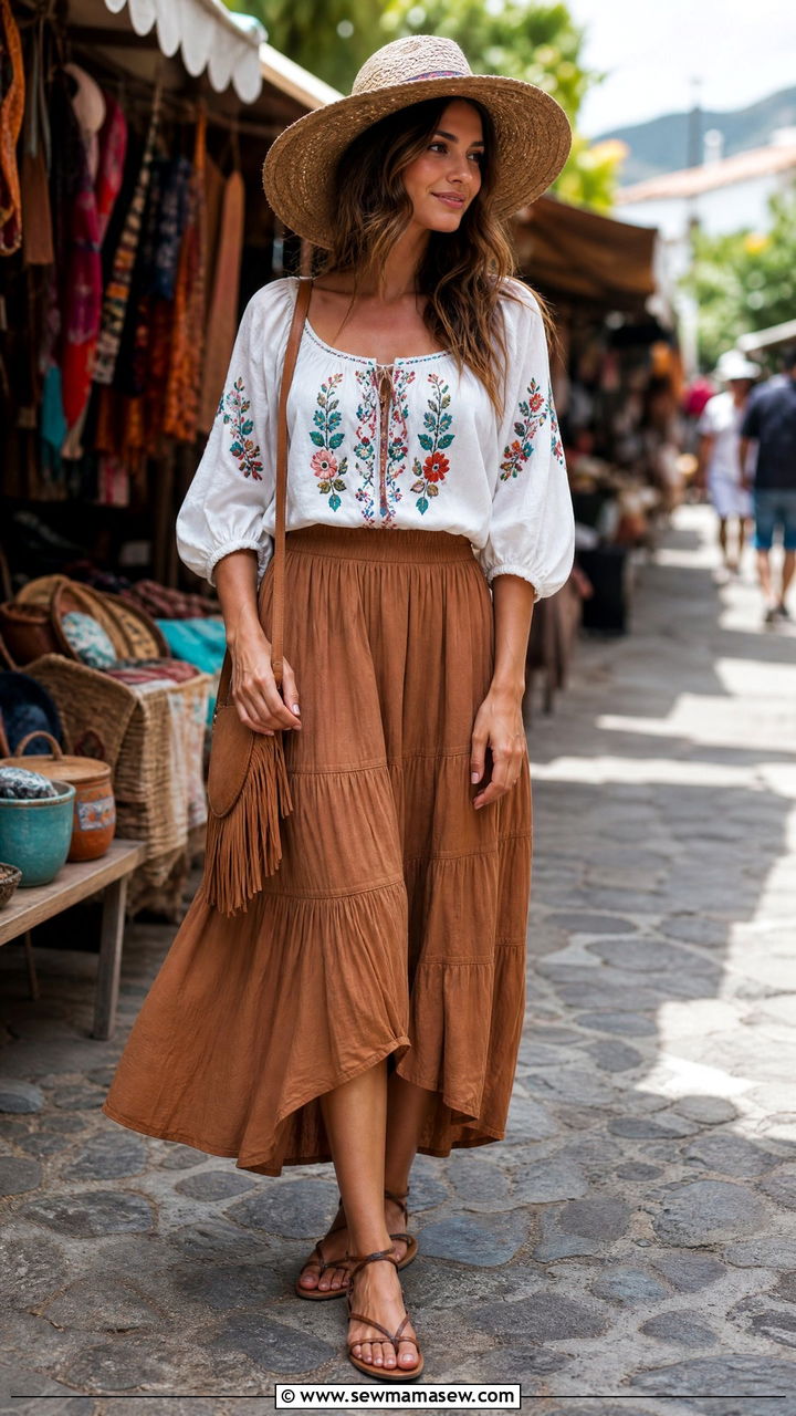 Wide brim hat with a peasant blouse and midi skirt - 25 How to style a wide brim hat