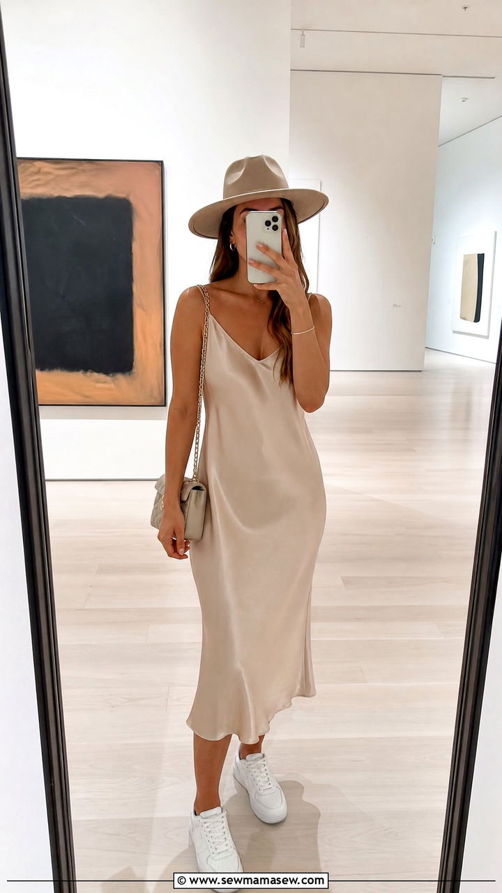 Wide brim hat with a slip dress and sneakers - 25 How to style a wide brim hat