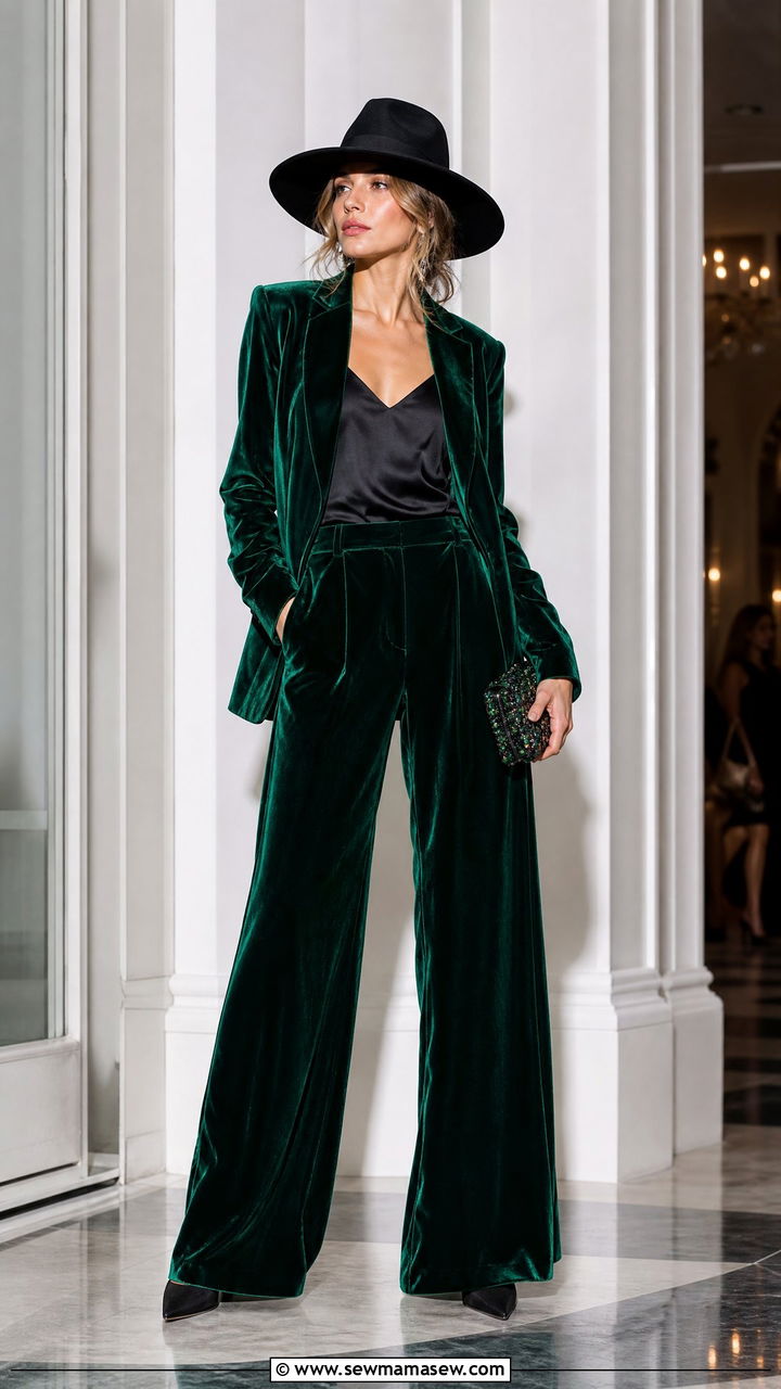 Wide brim hat with a velvet blazer and wide leg trousers - 25 How to style a wide brim hat