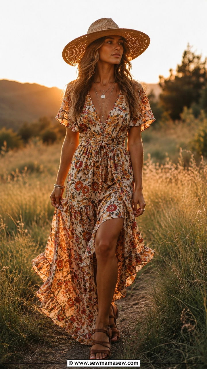 Wide brim hat with boho floral maxi dress outfit - 20 Western outfit ideas with wide brim hat