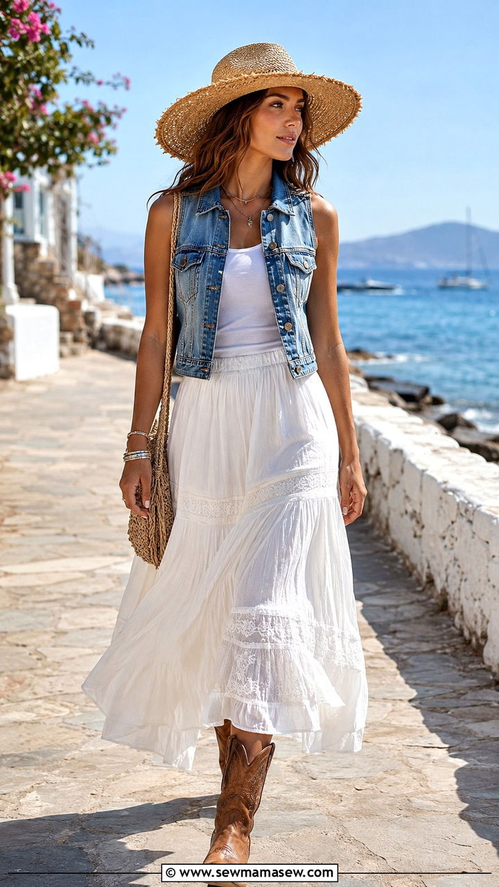 Wide brim hat with denim vest and white maxi skirt outfit - 20 Western outfit ideas with wide brim hat