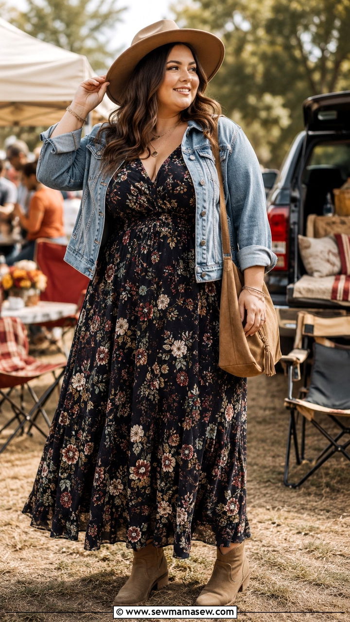 Wide brim hat with floral maxi dress and ankle boots outfit - 30 Plus size tailgate outfit ideas