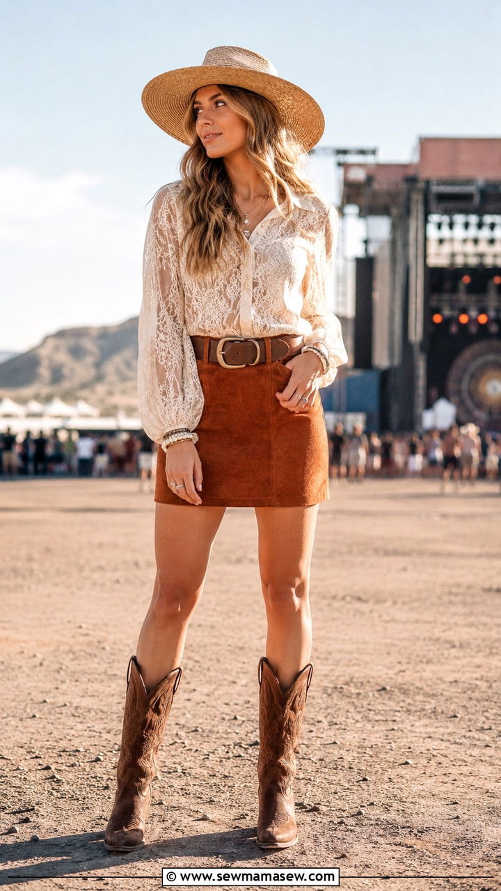Wide brim hat with lace blouse and suede mini skirt outfit - 20 Western outfit ideas with wide brim hat