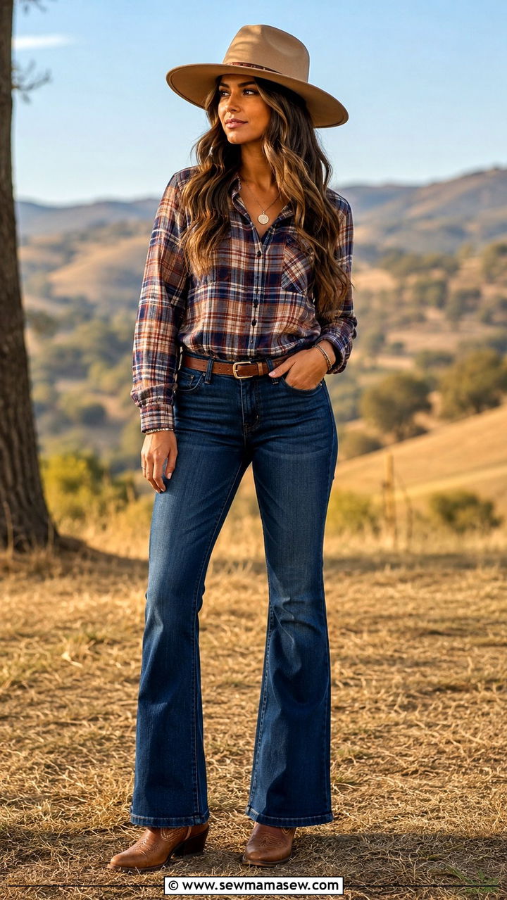 Wide brim hat with plaid shirt and bootcut jeans outfit - 20 Western outfit ideas with wide brim hat