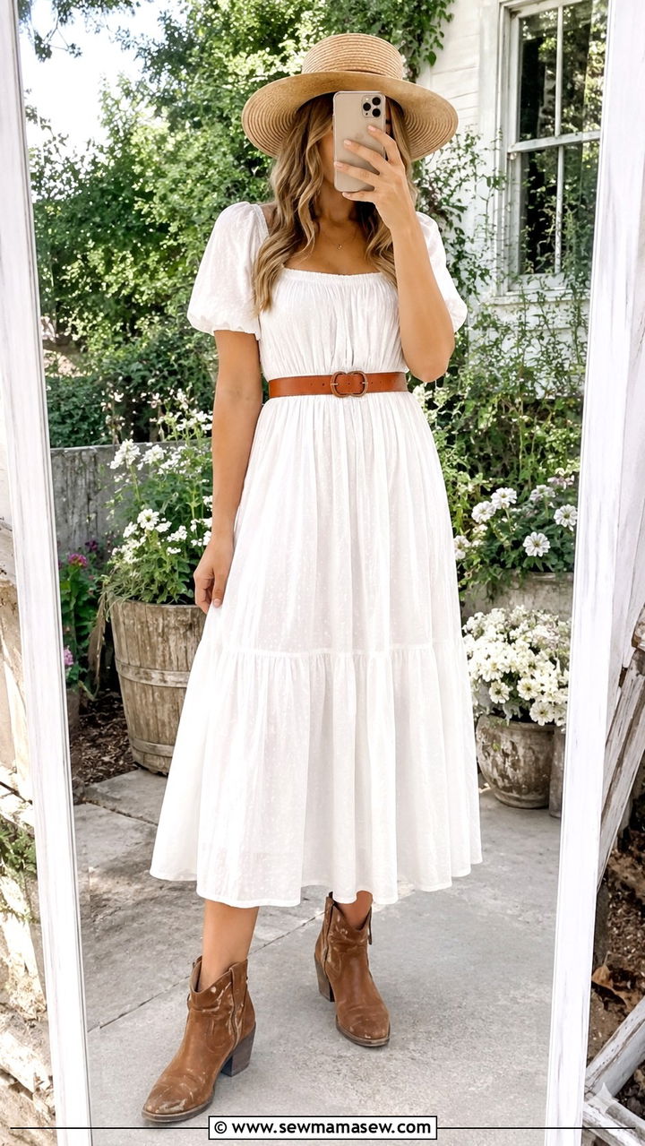 Wide brim hat with prairie dress and ankle boots outfit - 20 Western outfit ideas with wide brim hat