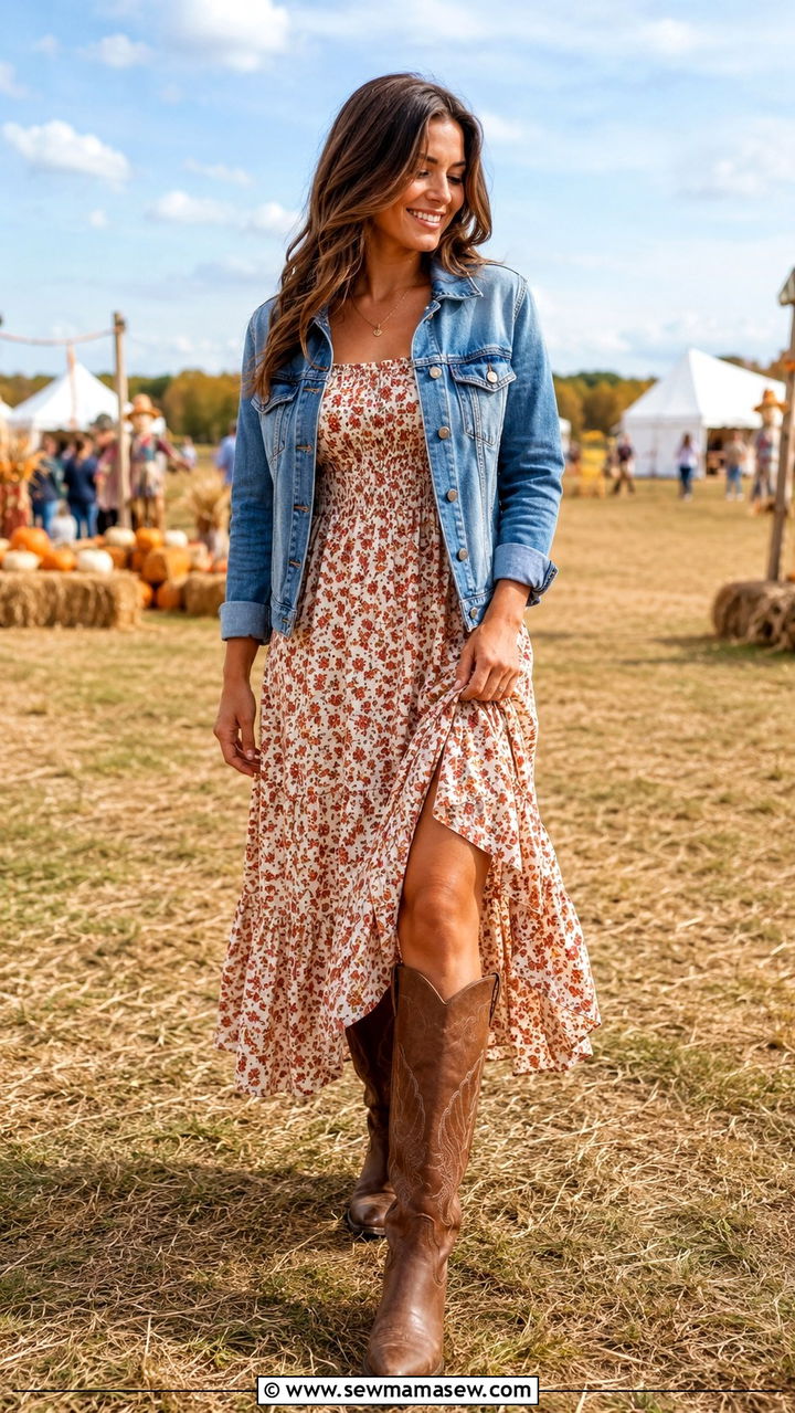 Wide calf cowboy boots with floral midi dress - 25 Outfit ideas for wide calves