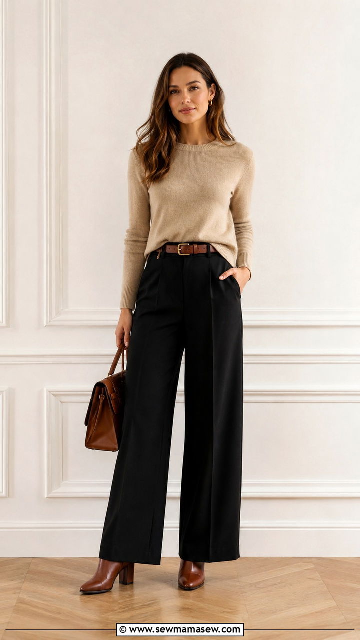 Wide leg black pants with beige sweater and cognac belt - 25 Wide leg black pants outfit ideas for work