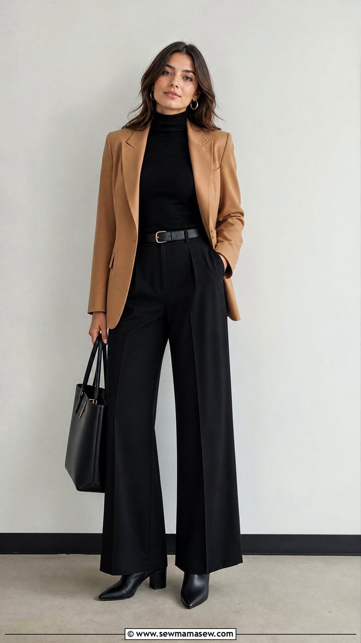 Wide leg black pants with black turtleneck and camel blazer - 25 Wide leg black pants outfit ideas for work