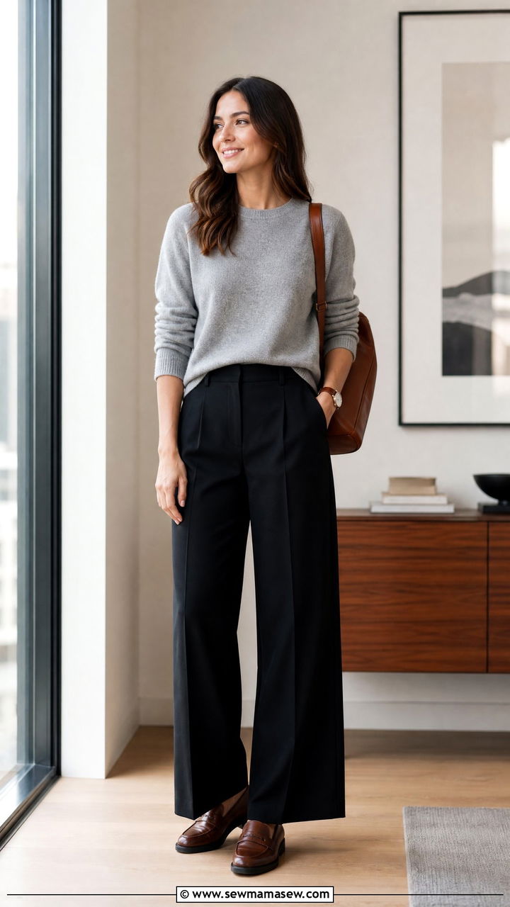 Wide leg black pants with cashmere sweater and loafers - 25 Wide leg black pants outfit ideas for work