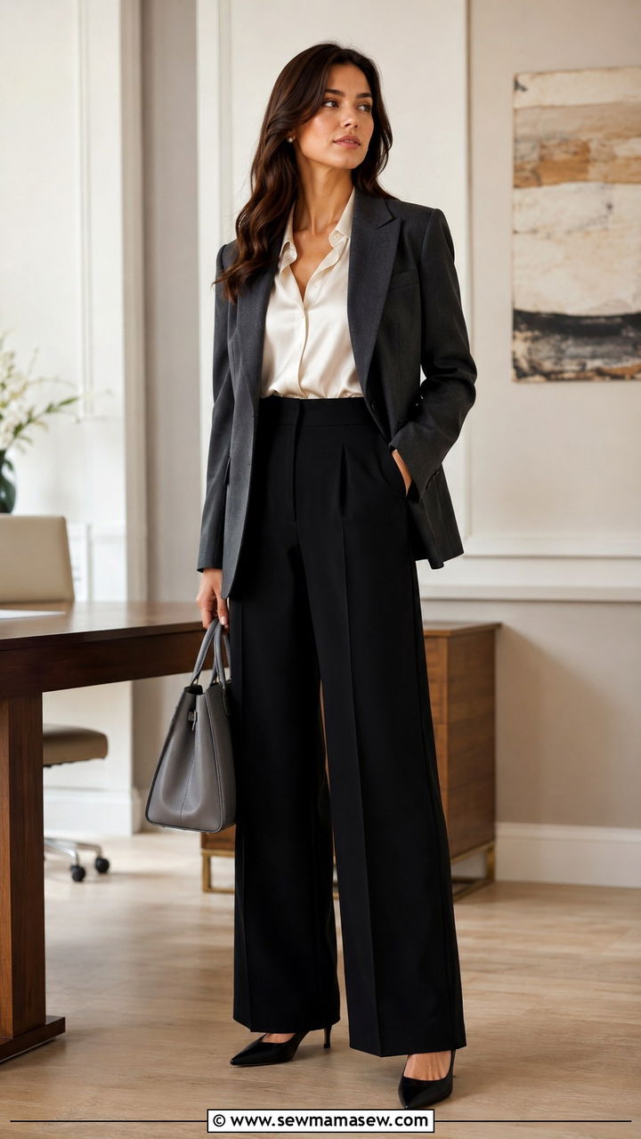 Wide leg black pants with cream silk blouse and gray blazer - 25 Wide leg black pants outfit ideas for work