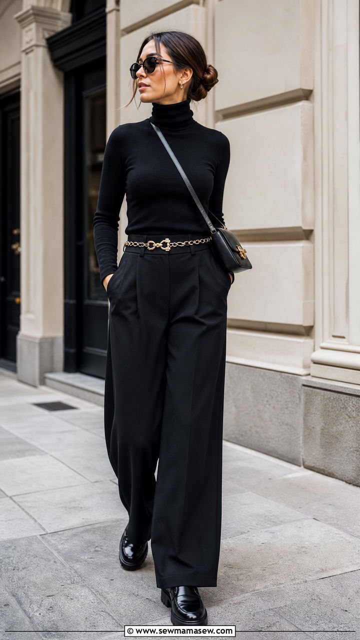 Wide leg black pants with fitted turtleneck and chain belt - 25 Wide leg black pants outfit ideas for work