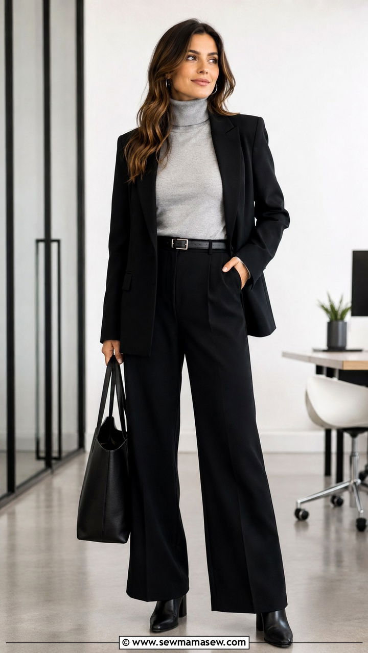 Wide leg black pants with gray turtleneck and black blazer - 25 Wide leg black pants outfit ideas for work