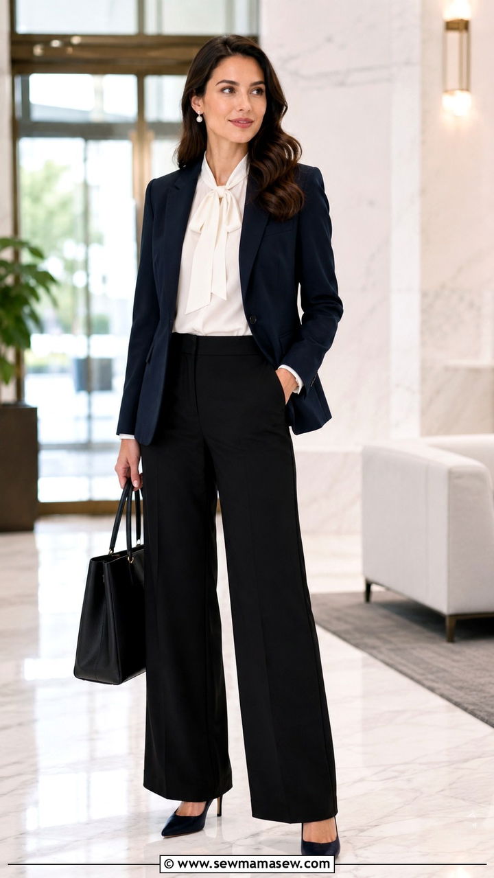 Wide leg black pants with ivory blouse and navy blazer - 25 Wide leg black pants outfit ideas for work