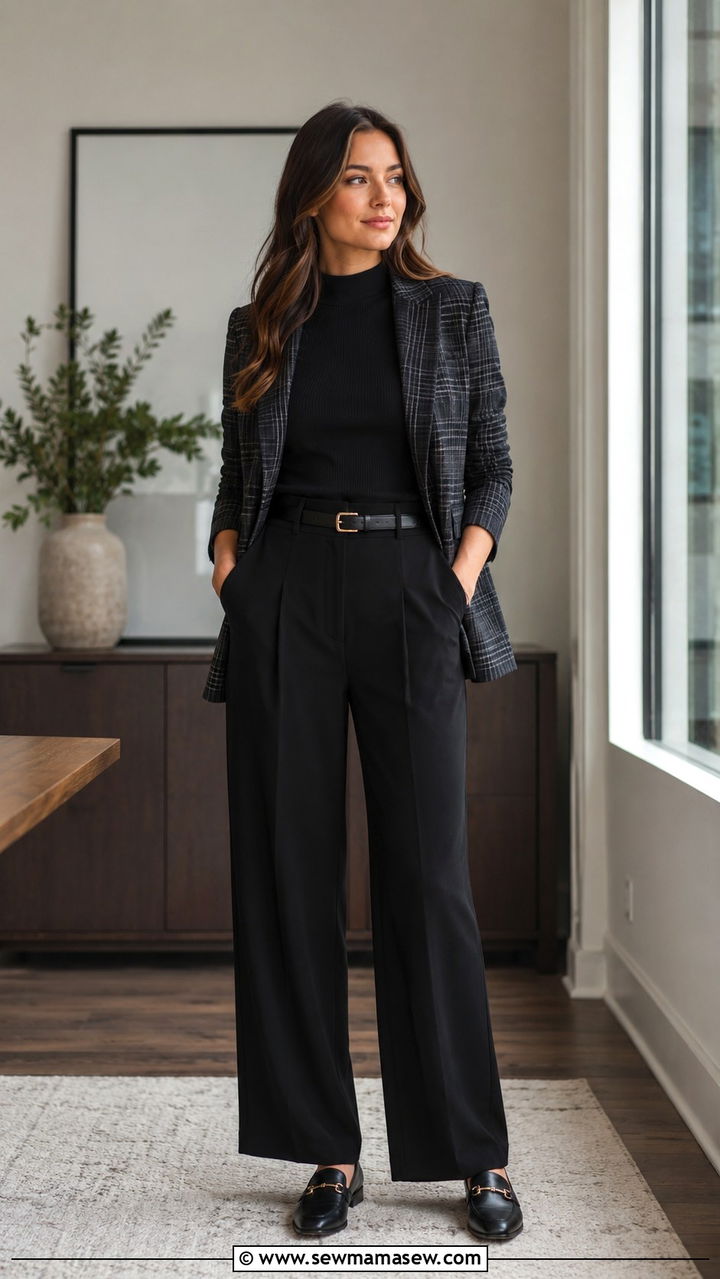 Wide leg black pants with mock neck and plaid blazer - 25 Wide leg black pants outfit ideas for work