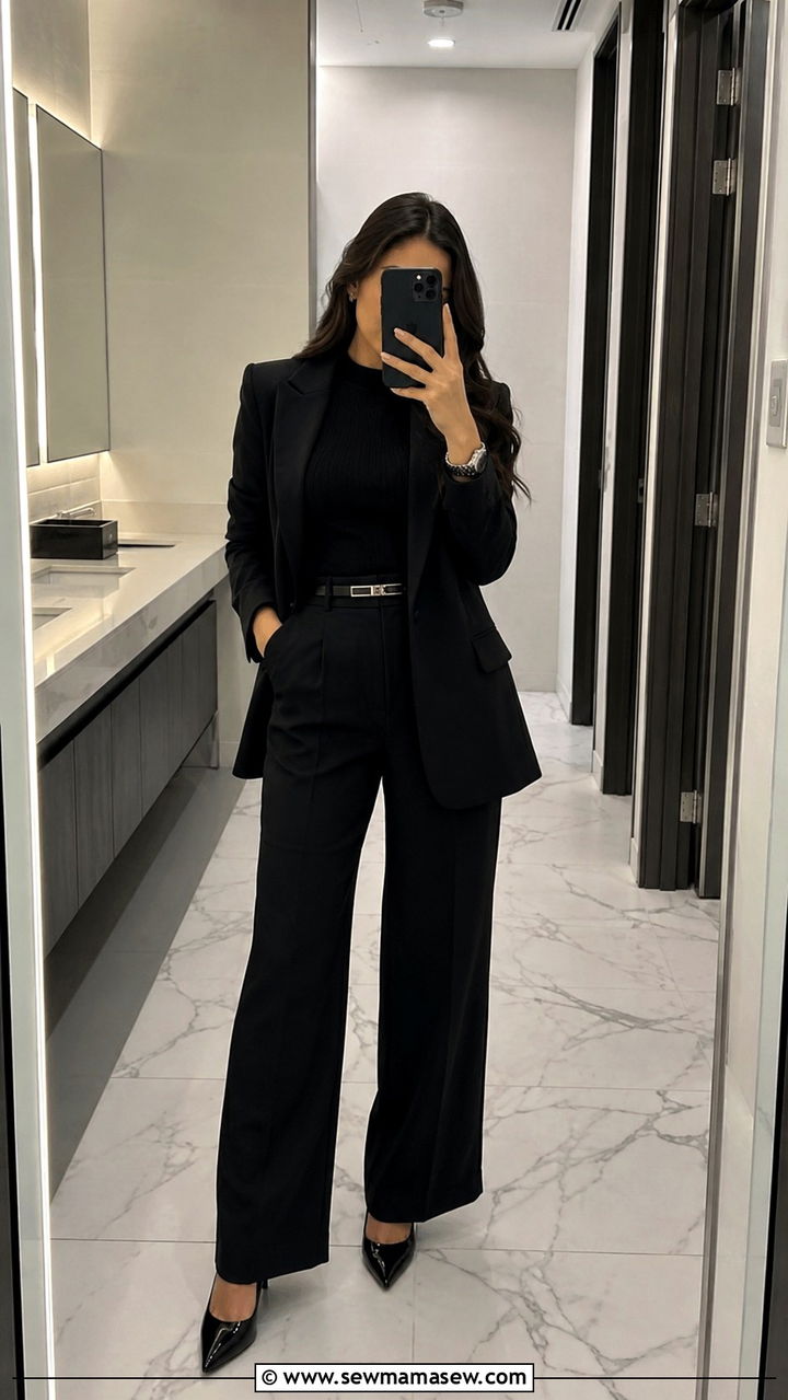 Wide leg black pants with monochrome black top and blazer - 25 Wide leg black pants outfit ideas for work