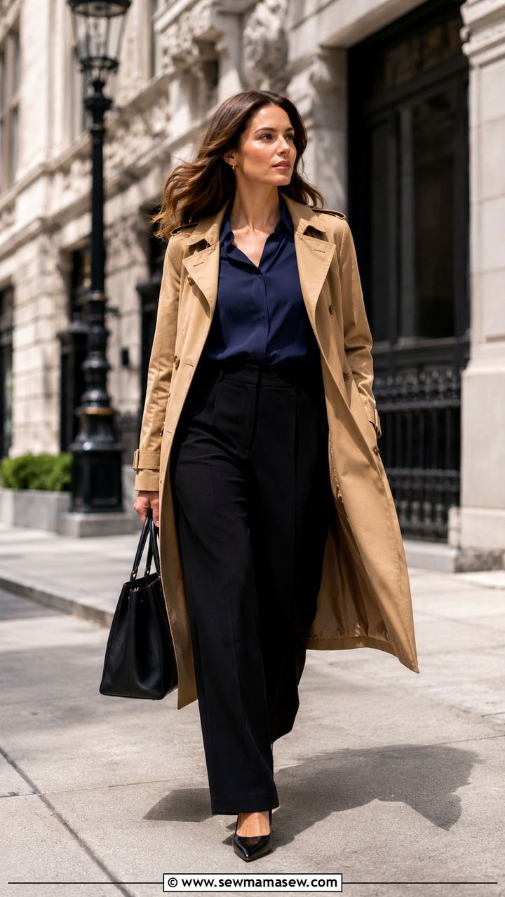 Wide leg black pants with navy blouse and camel trench - 25 Wide leg black pants outfit ideas for work