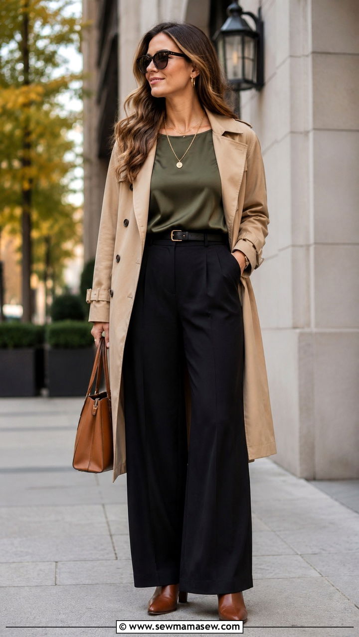 Wide leg black pants with olive silk shell and tan trench - 25 Wide leg black pants outfit ideas for work