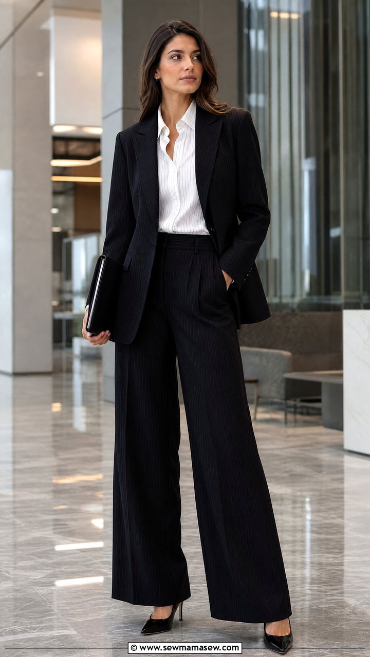 Wide leg black pants with pinstripe matching blazer - 25 Wide leg black pants outfit ideas for work