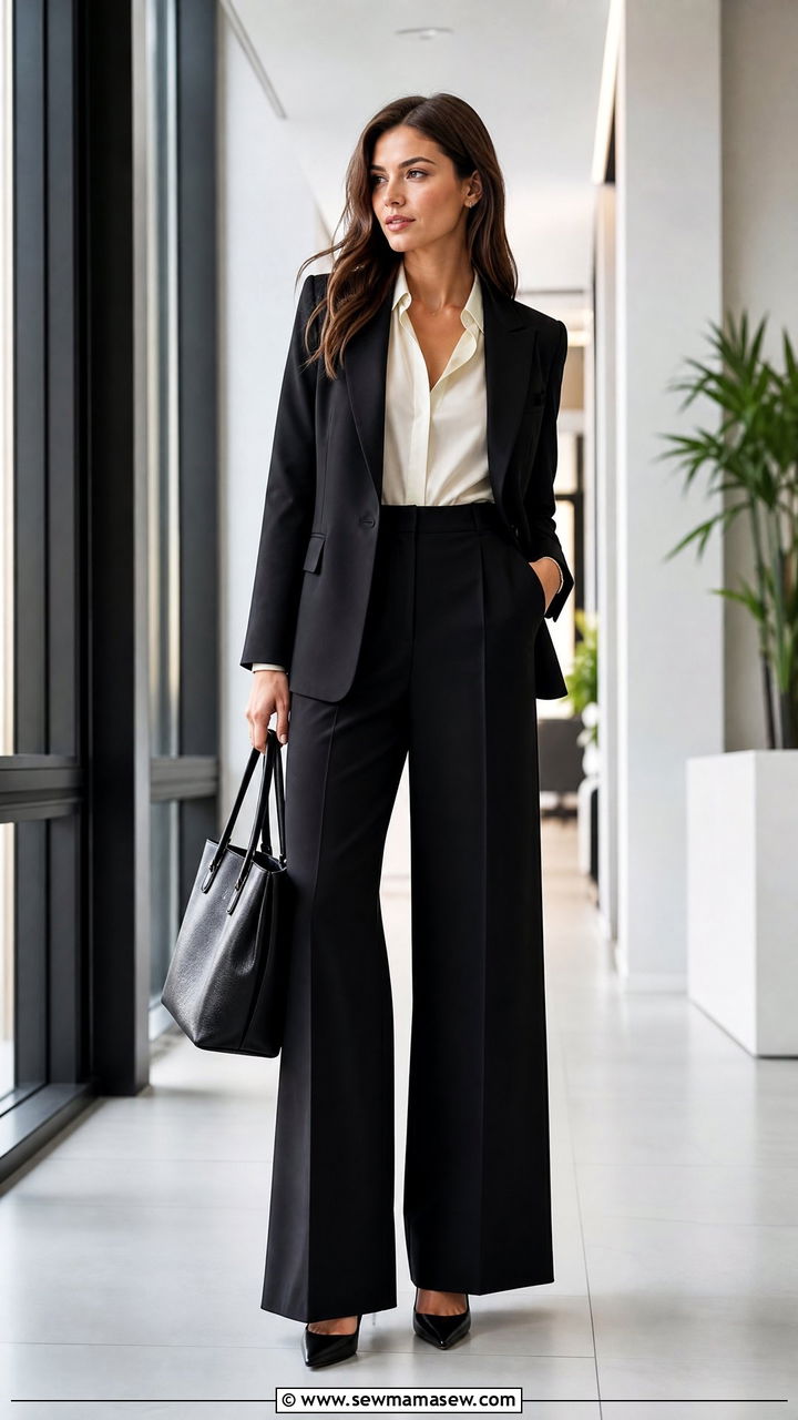 Wide leg black pants with silk blouse and blazer - 25 Wide leg black pants outfit ideas for work
