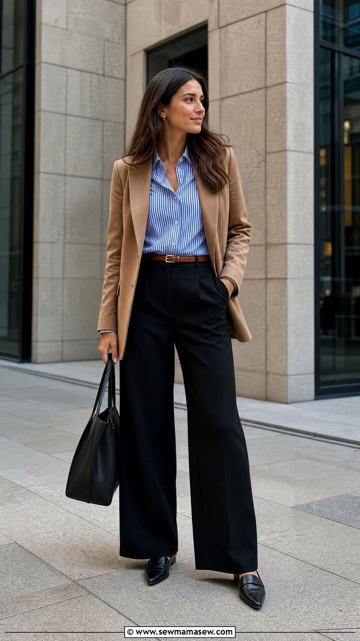 Wide leg black pants with striped button down and blazer - 25 Wide leg black pants outfit ideas for work