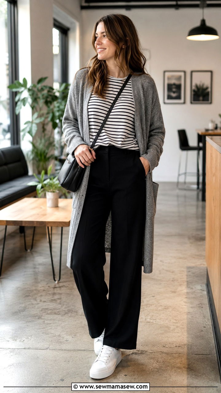 Wide leg black pants with striped tee and long cardigan - 25 Wide leg black pants outfit ideas for work