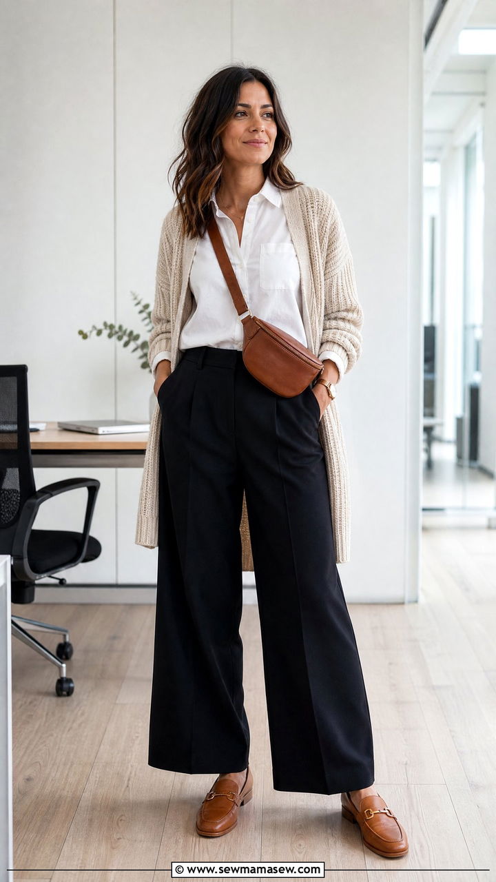 Wide leg black pants with white button down and cardigan - 25 Wide leg black pants outfit ideas for work