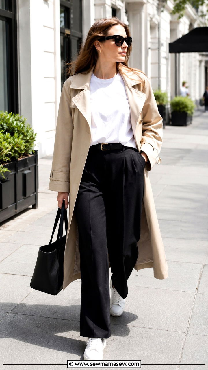 Wide leg black pants with white tee and trench coat - 25 Wide leg black pants outfit ideas for work