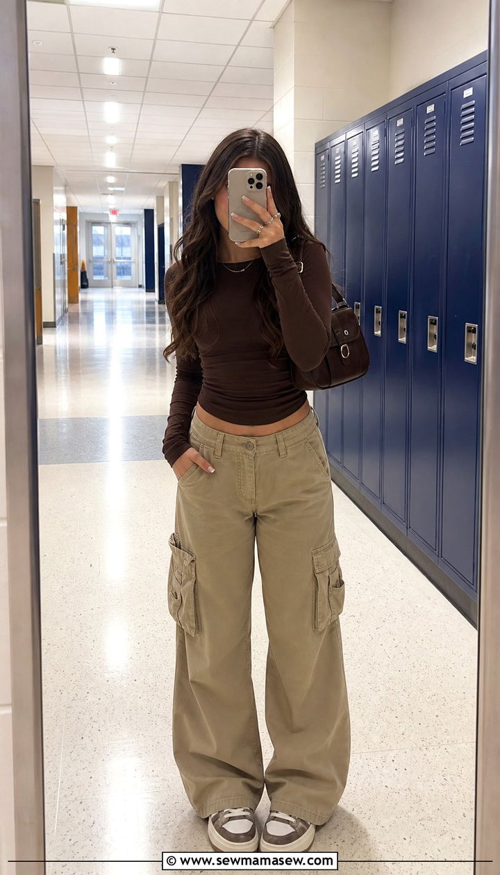 Wide leg cargo pants with a fitted long sleeve top - 25 Cute outfits for 17 year olds