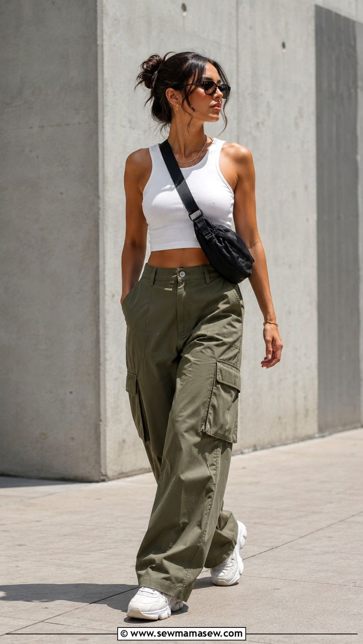 Wide leg cargo pants with dad sneakers outfit - 25 Wide leg pants outfit ideas with sneakers