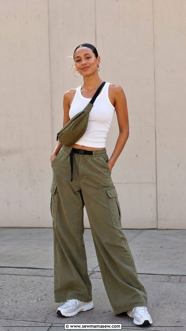 Wide leg cargo pants with ribbed tank and sneakers brunch - 25 Brunch outfit ideas with wide leg pants