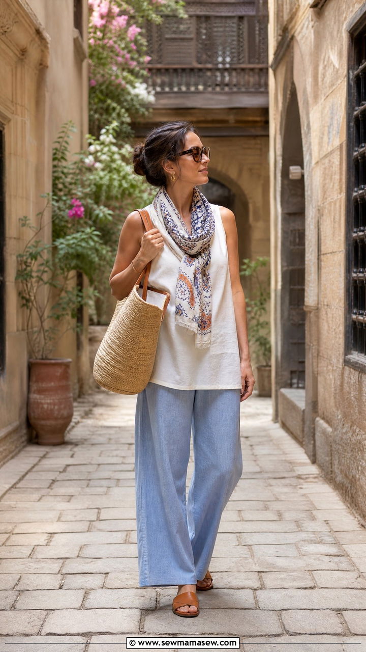 Wide leg chambray trousers with sleeveless tunic and scarf outfit - 25 Cairo outfit ideas