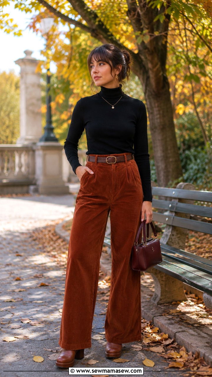 Wide leg corduroy pants with a fitted turtleneck - 30 Indie girl outfit ideas