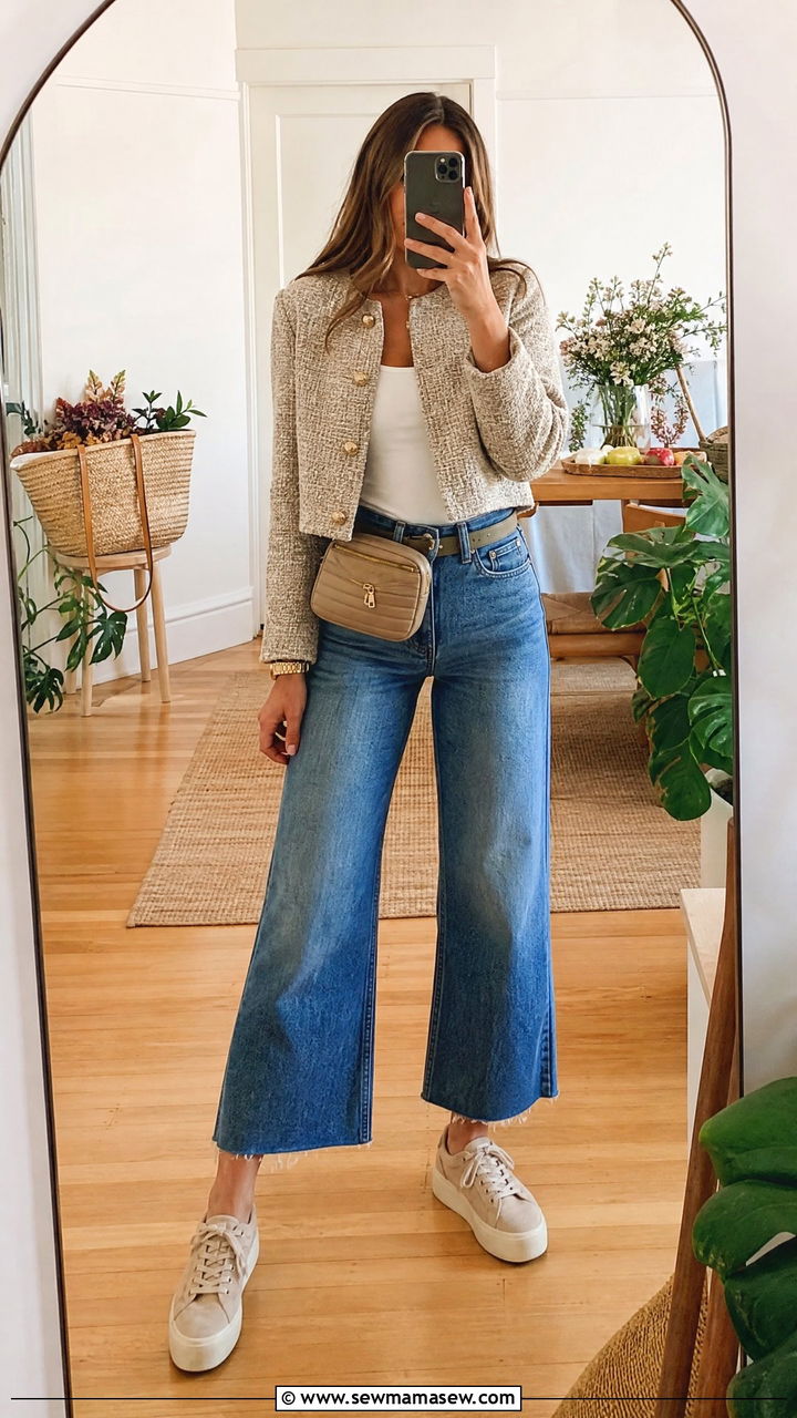 Wide leg crop jeans with platform sneakers and a structured jacket - 35 Jeans and sneakers outfit ideas over 40