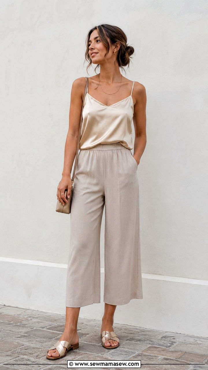 Wide leg cropped pants with a silk camisole - 30 Humid weather outfit ideas