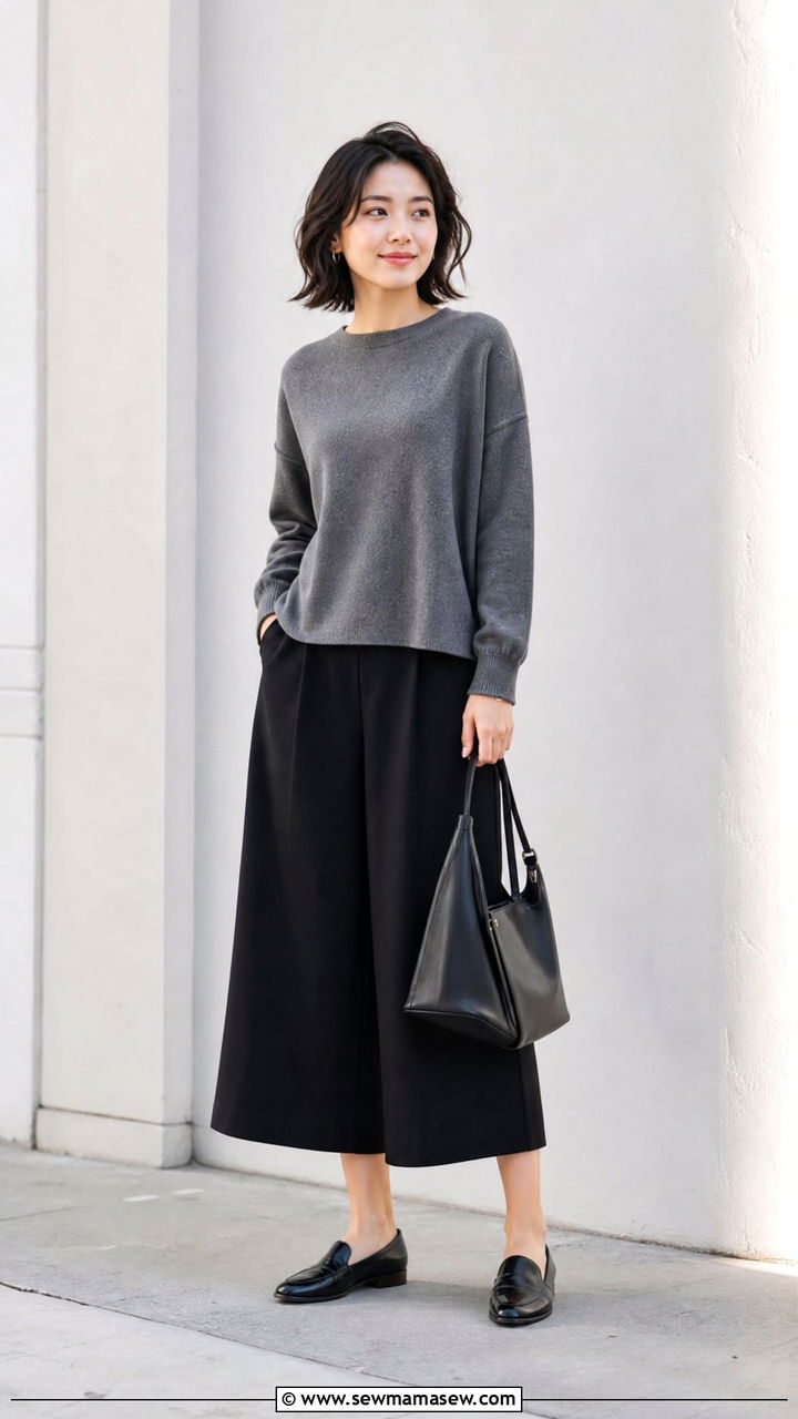 Wide leg culottes with a boxy sweater and loafers - 25 Petite outfit ideas to avoid