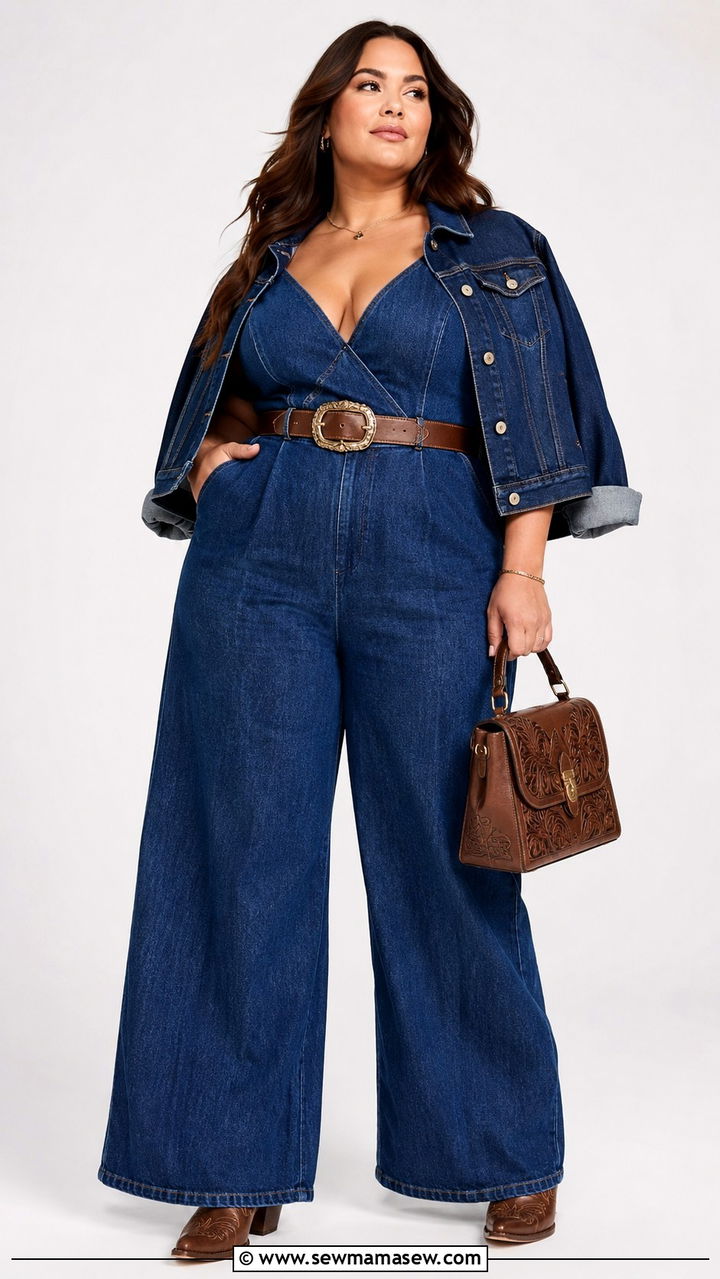 Wide leg denim jumpsuit with belt outfit - 30 plus size country concert outfit ideas