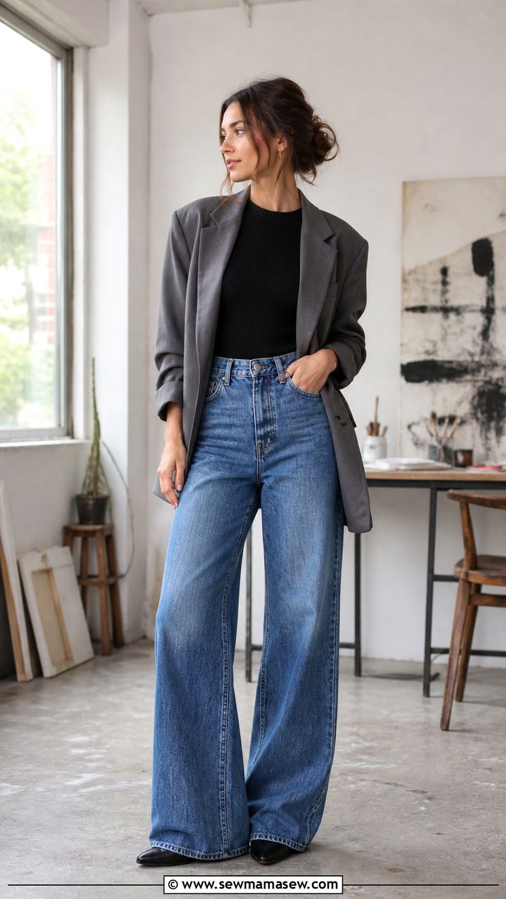 Wide leg denim with fitted knit top and oversized blazer outfit - 40 New job outfit ideas