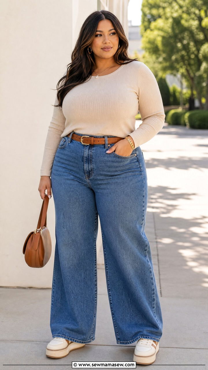Wide leg denim with leather belt and fitted knit - 30 Plus size outfit ideas spring 2026