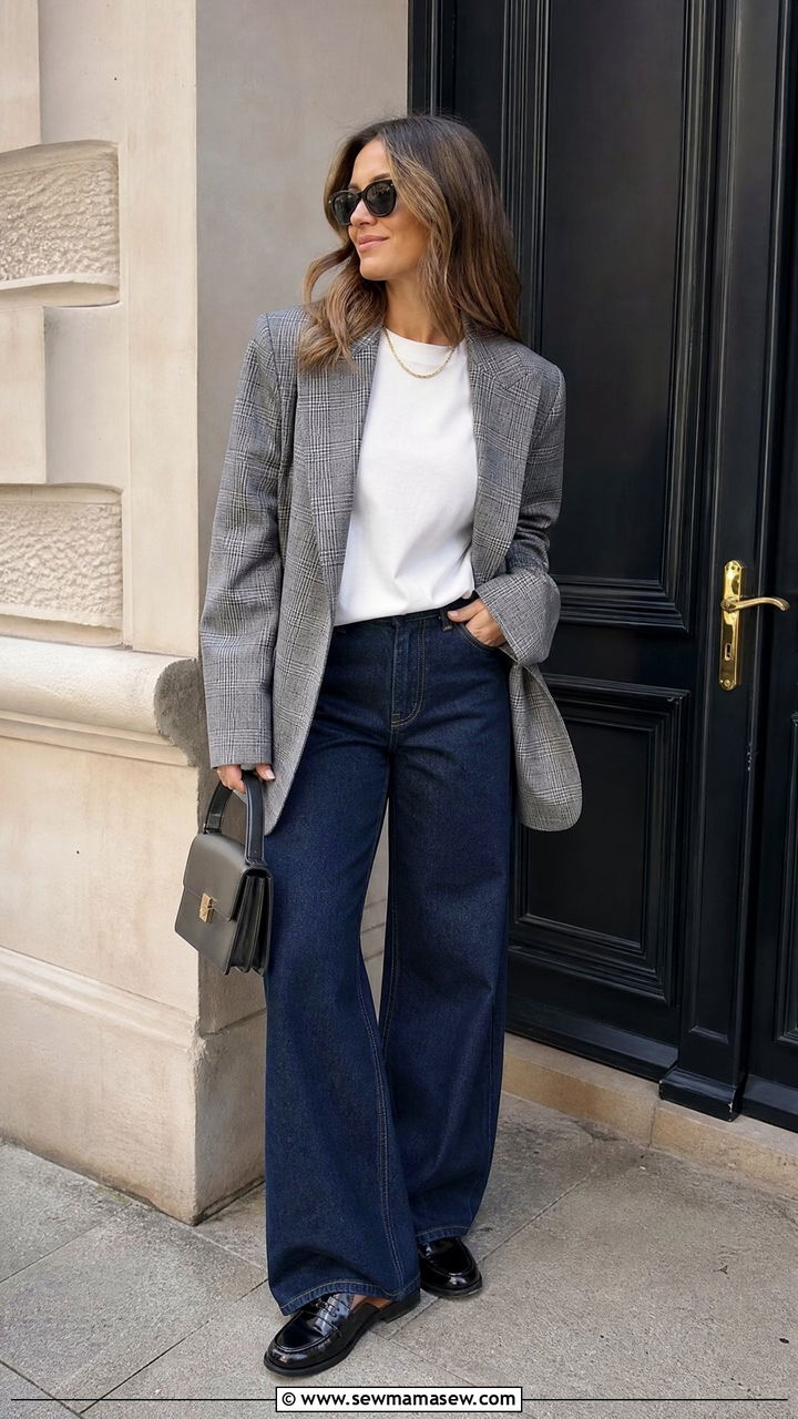 Wide leg denim with plaid blazer and loafers brunch - 25 Brunch outfit ideas with wide leg pants