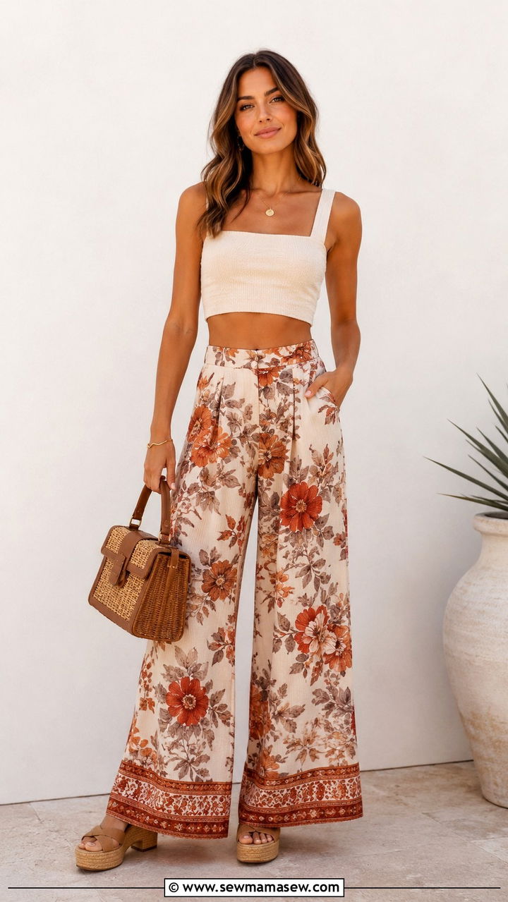 Wide leg floral trousers with solid crop top - 25 Boho chic clothing ideas 2026