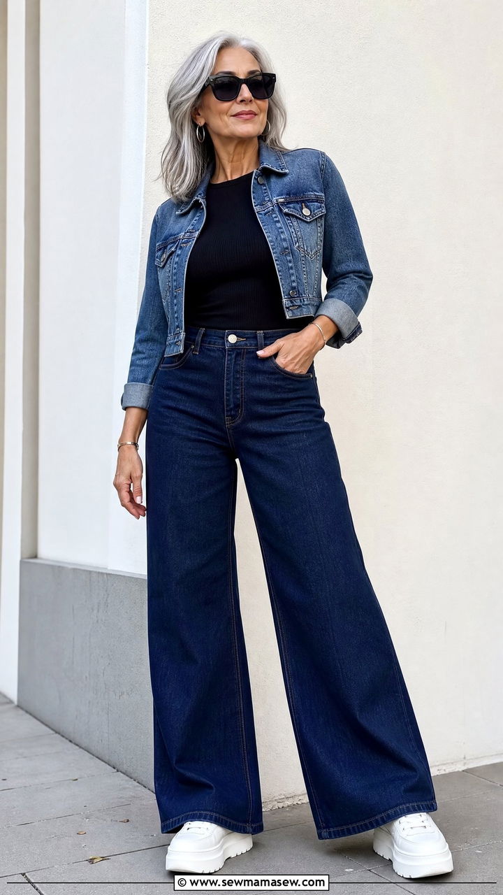 Wide leg jeans and chunky sneakers outfit - 35 Jeans and sneakers outfit ideas over 50