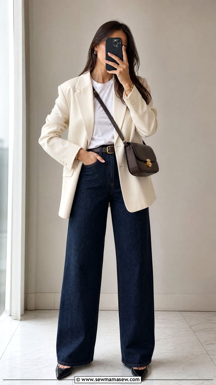 Wide leg jeans and oversized blazer - 25 Work outfit ideas for Thursday
