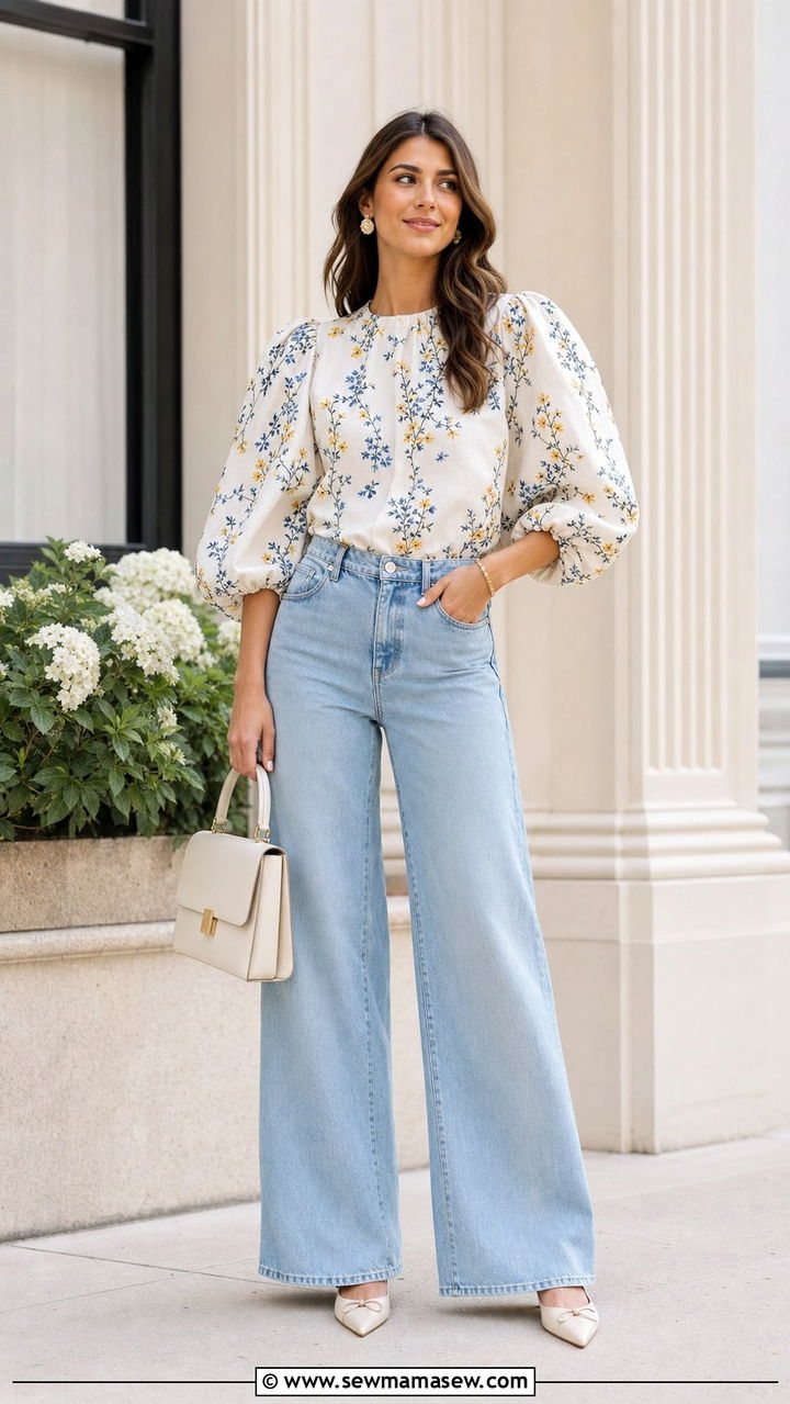 Wide leg jeans and statement blouse outfit - 25 spring casual friday outfit ideas