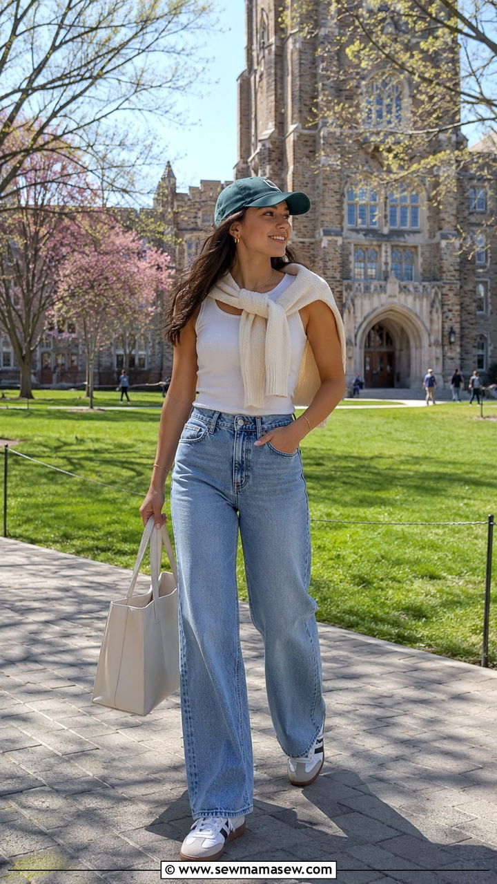 Wide leg jeans and tank top outfit - 30 Spring outfits for college girls